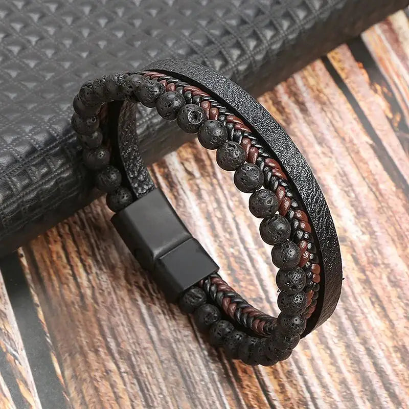 Detailed View of Classic Leather Bracelet, Multi-Layer Design