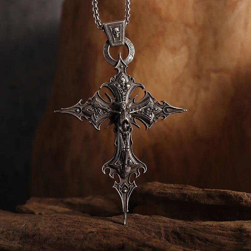 Macro Close-up of Vintage Gothic Skull Jesus Cross Pendant, Solid Metal