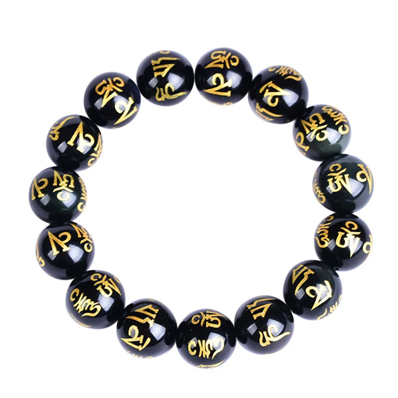 Tibetan Six Words Mantra Bracelet Black Obsidian Lucky Amulet Bangle for Men Women 8mm 10mm 12mm 14mm
