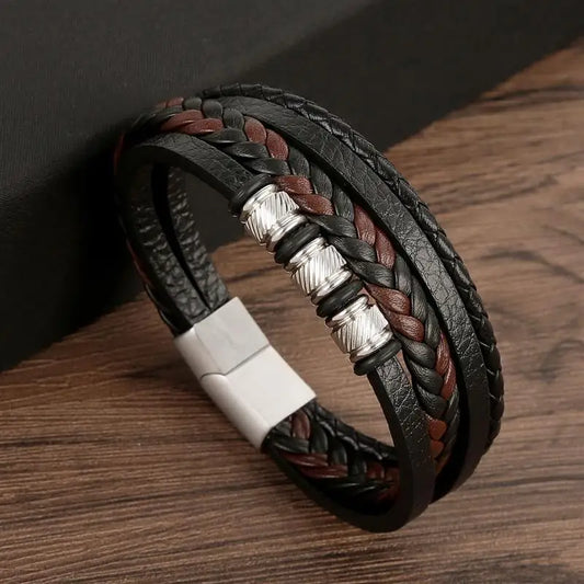 Top Macro Shot of Handwoven Multi-Layer Men’s Leather Bracelet, Brown
