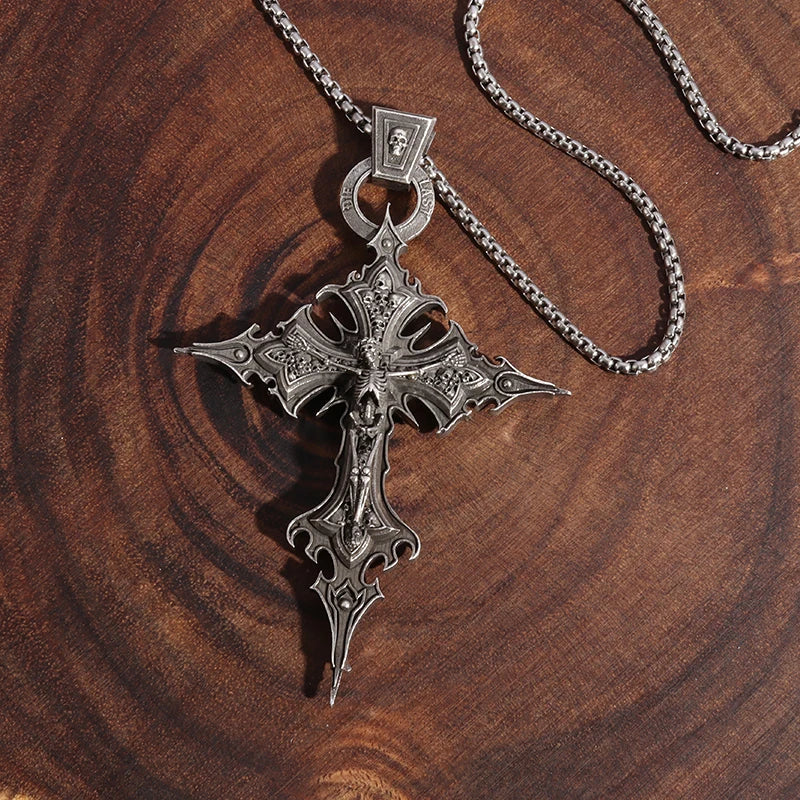 Close-up of Skull Jesus Cross Necklace, Vintage Gothic, Solid Metal