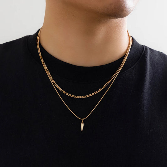 "Men’s and Women’s Vintage Pendant Necklace – Iron Alloy Link Chain with Geometric Rivet Design in Silver Color"