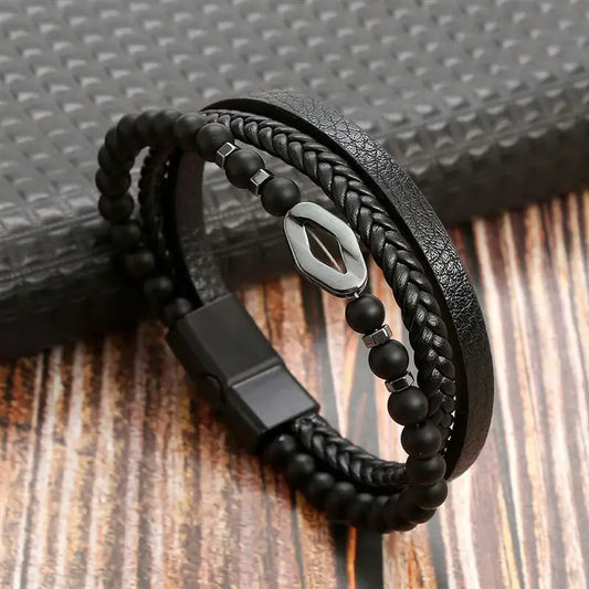 Front Macro Shot of Multi-Layer Men’s Leather Bracelet