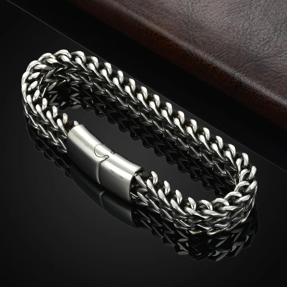 Close-up of Braided Fish Scale Bracelet, Double Row, Stainless Steel