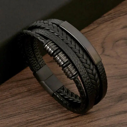 Detailed Side View of Multi-Layer Men’s Leather Bracelet, Braided Texture
