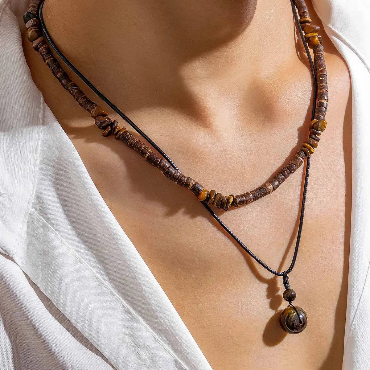 Men’s Vintage Natural Stone Pendant Necklace Set – Beaded Wax Thread Choker