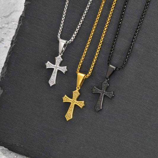 Close-up of Stainless Steel Cross Necklace, Macro Detail View