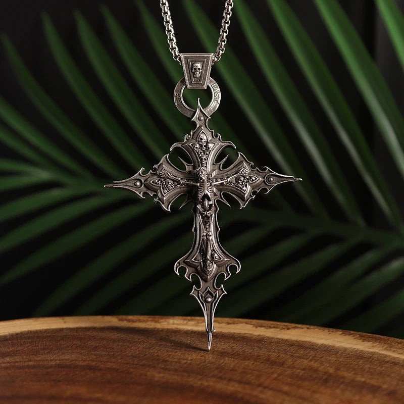 Side View of Skull Cross Necklace, Gothic Design, Detail Shot