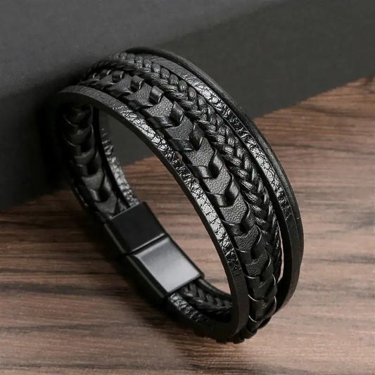Detailed View of Brown Braided Leather Bracelet, Men’s Fashion Accessory