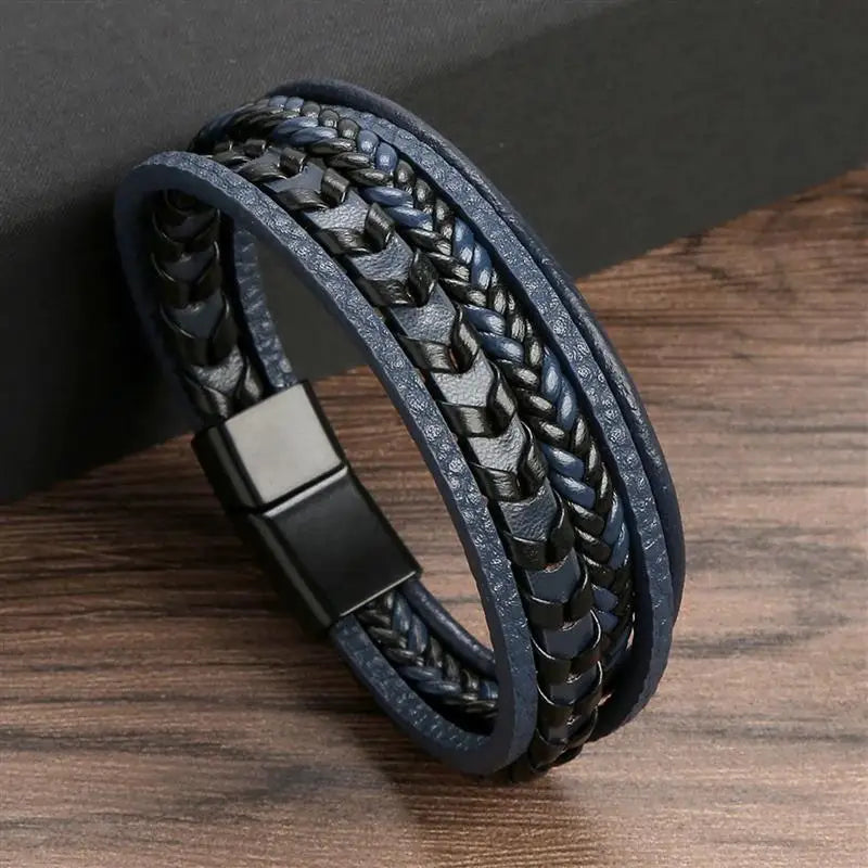 Front Angle of Handwoven Men’s Leather Bracelet, Fashion Wristwear
